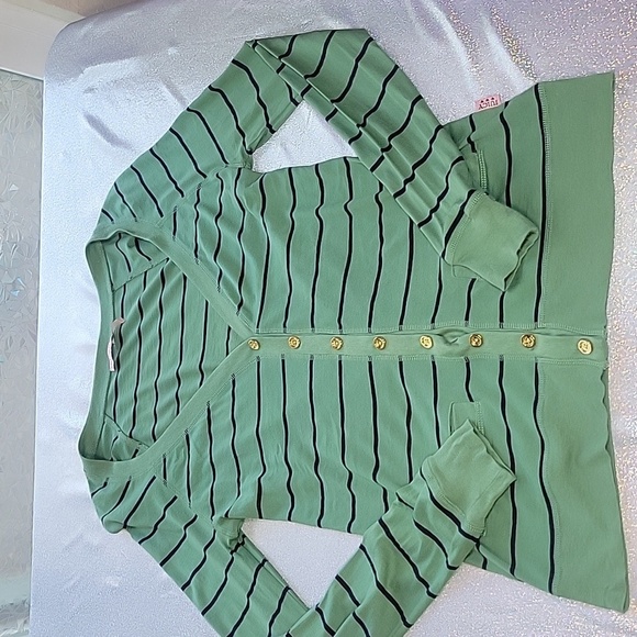 Y2k Vintage Juicy Couture Button Up Tshirt Cardigan Green & Navy Striped SZ:M - Picture 6 of 11
